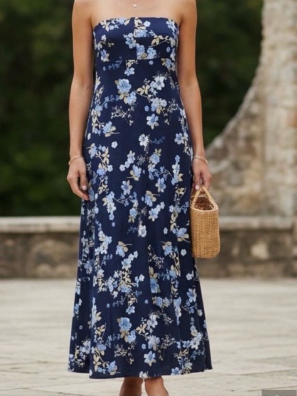 Strapless Navy Blue Floral Maxi Dress BNWT